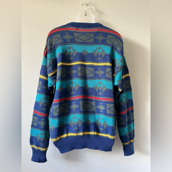 FINAL SALE‼️‼️ Men’s VTG Claiborne Blue Geometric Multicolor Pullover Sweater  L - Picture 6 of 10